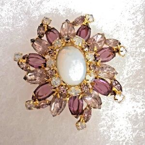 BROOCH AMETHYST/AB RHINESTONES W/OPAL CENTER VINTAGE Large 2”